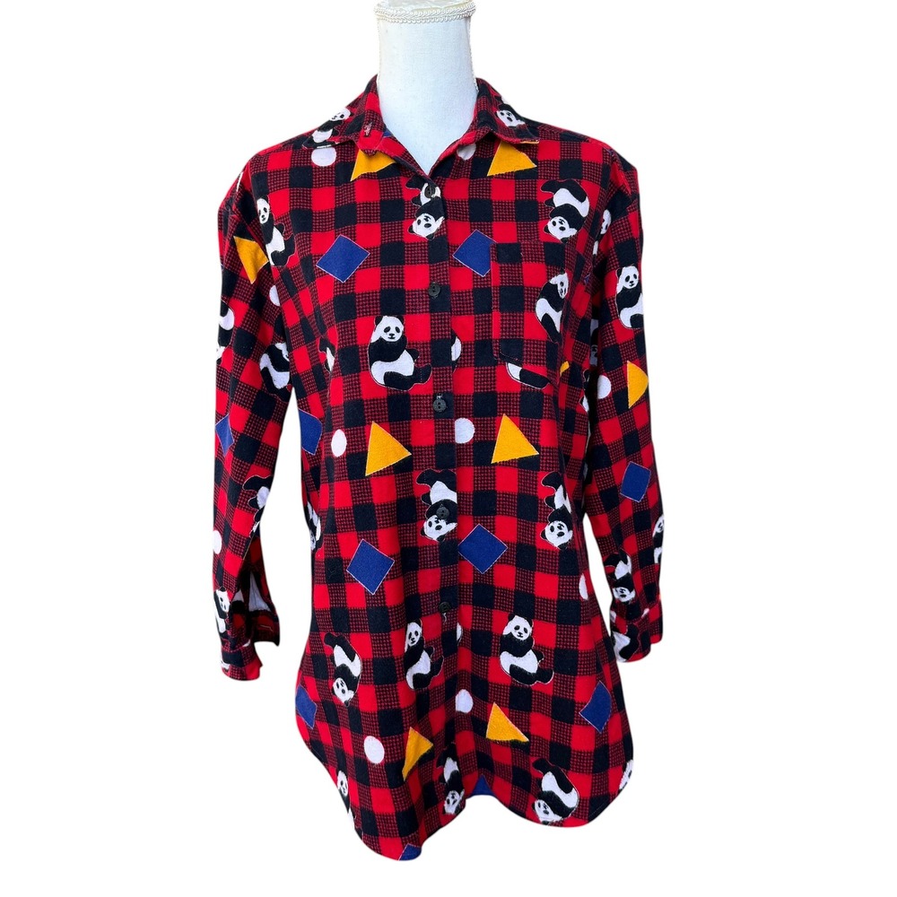 Vintage Panda Bear Buffalo Plaid Flannel‎ Shirt Red Black Geometric Button Down